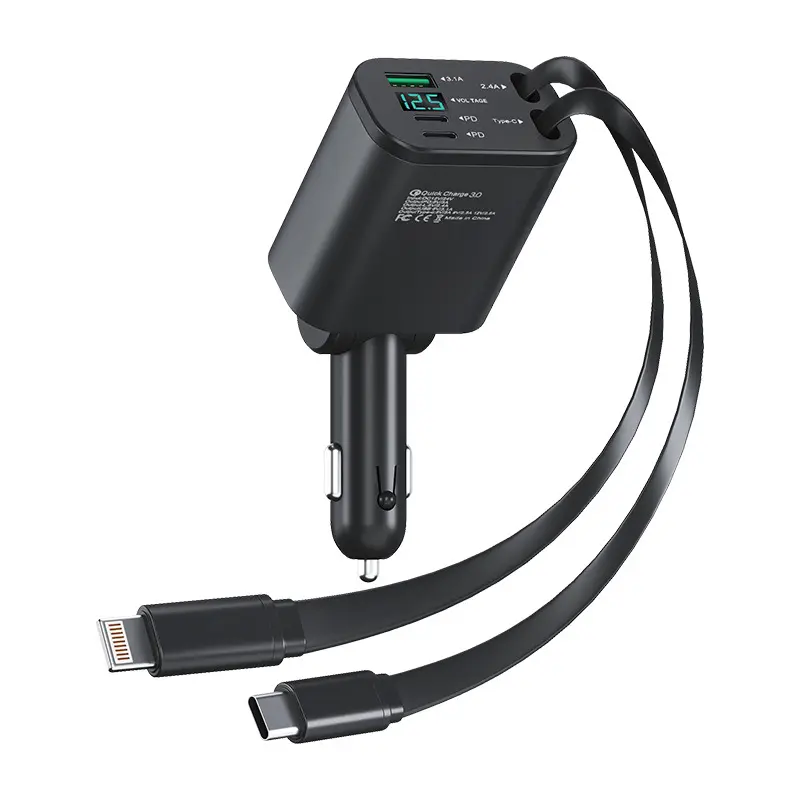 Car charger with cable  charger super fast charging car cigarette lighter mobile phone charger with retractable cable